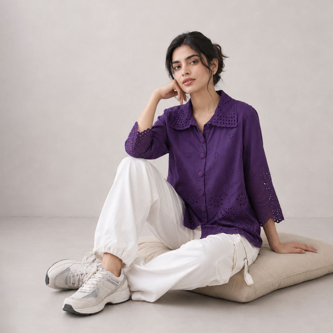 Rayshem Studio – Royal Violet Schiffli Cutwork Shirt
