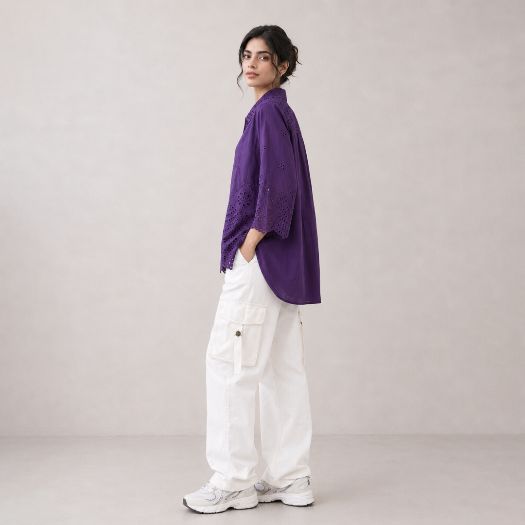 Rayshem Studio – Royal Violet Schiffli Cutwork Shirt