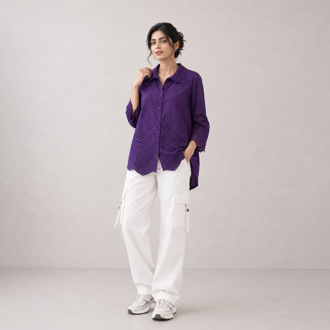 Rayshem Studio – Royal Violet Schiffli Cutwork Shirt