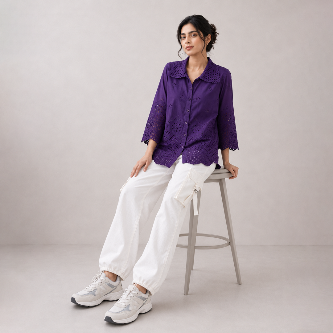 Rayshem Studio – Royal Violet Schiffli Cutwork Shirt
