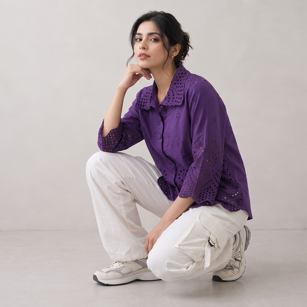 Rayshem Studio – Royal Violet Schiffli Cutwork Shirt
