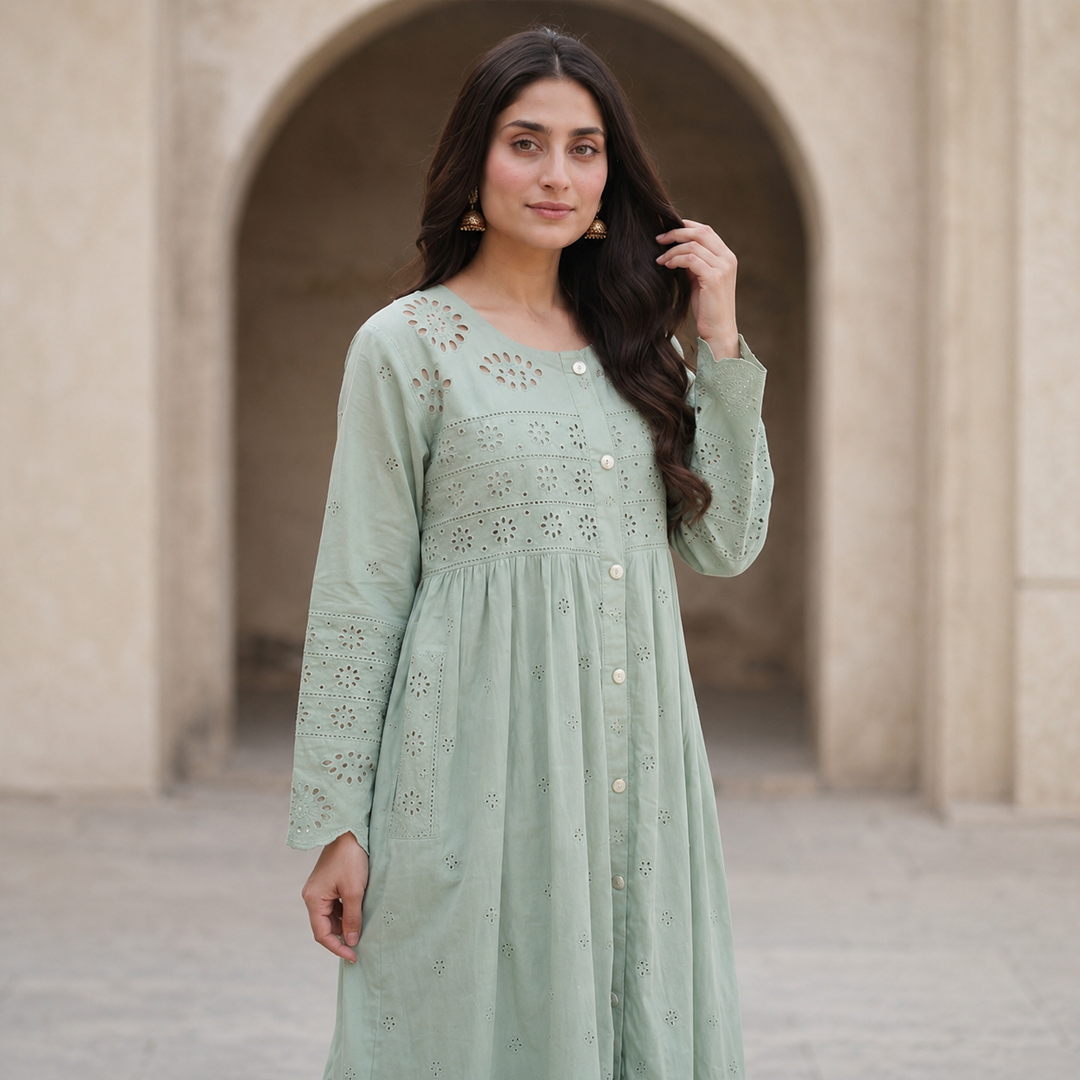Rayshem Studio – Sage Chanderi Schiffli Maxi