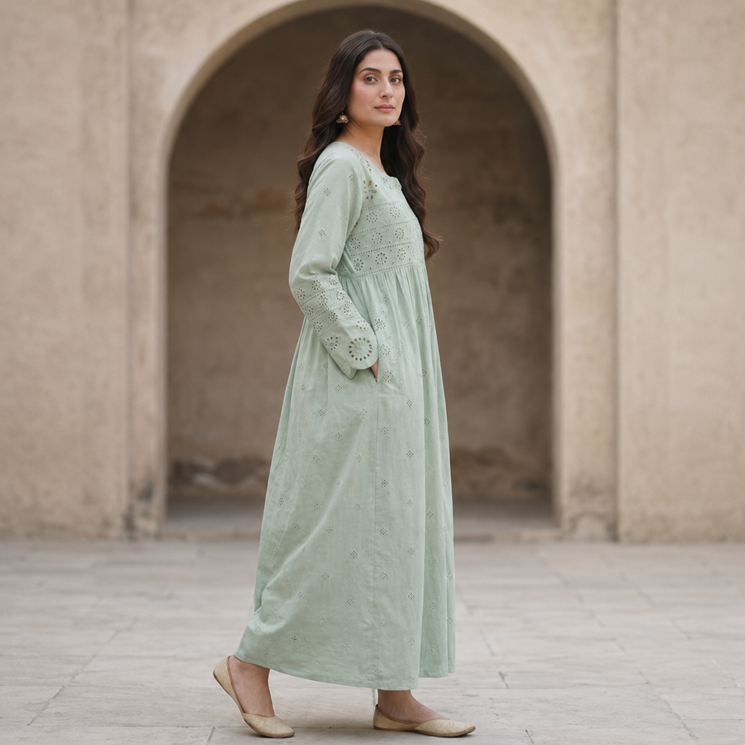 Rayshem Studio – Sage Chanderi Schiffli Maxi