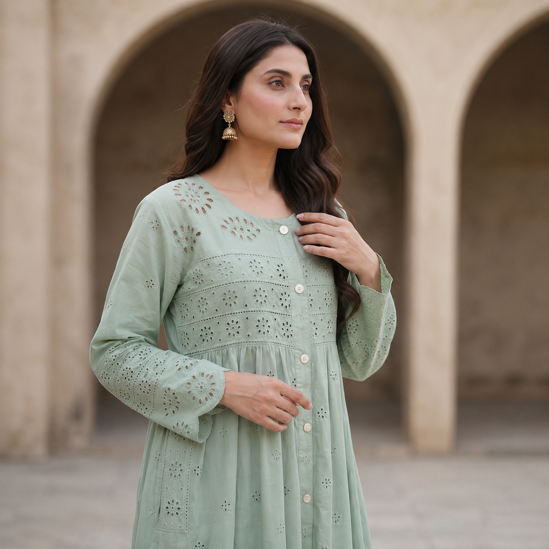 Rayshem Studio – Sage Chanderi Schiffli Maxi