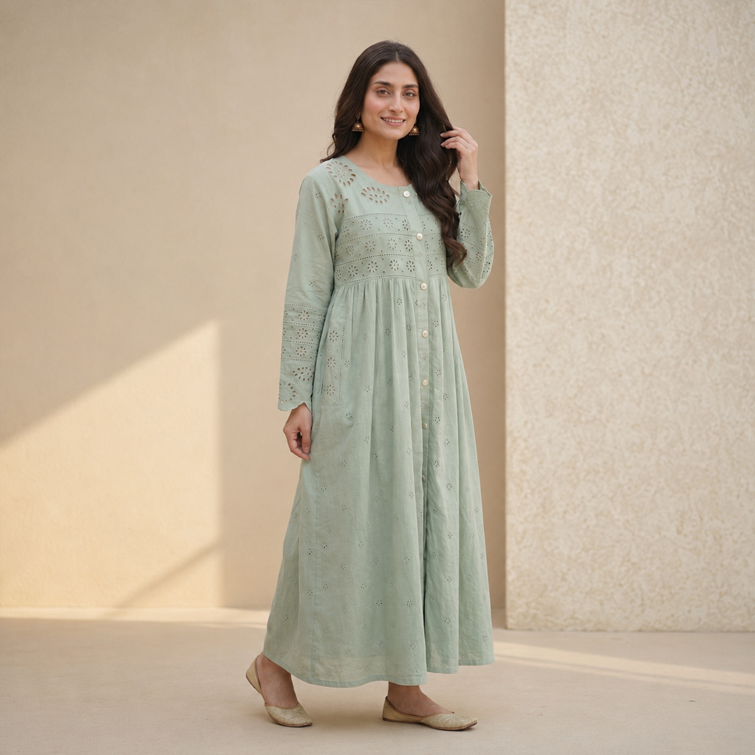 Rayshem Studio – Sage Chanderi Schiffli Maxi
