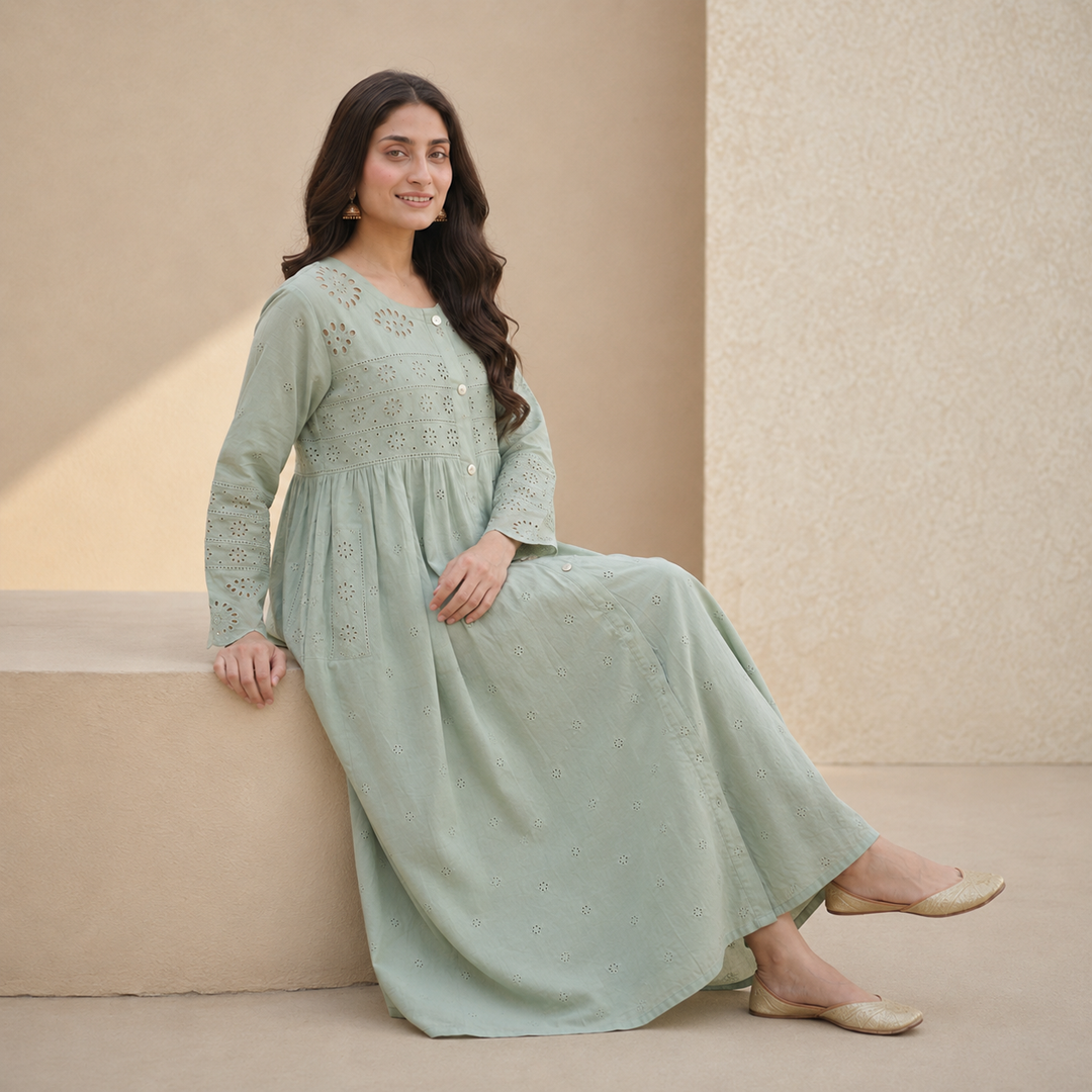 Rayshem Studio – Sage Chanderi Schiffli Maxi