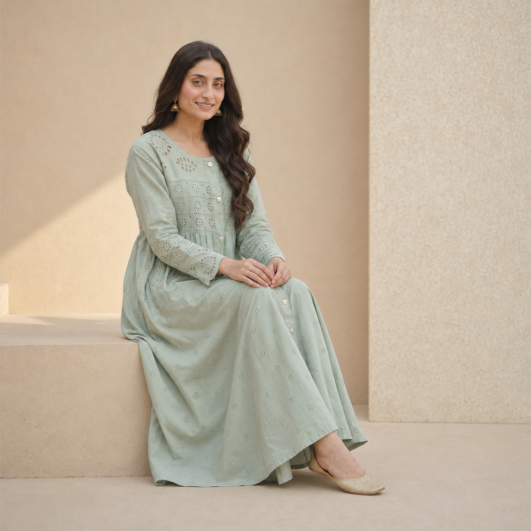 Rayshem Studio – Sage Chanderi Schiffli Maxi