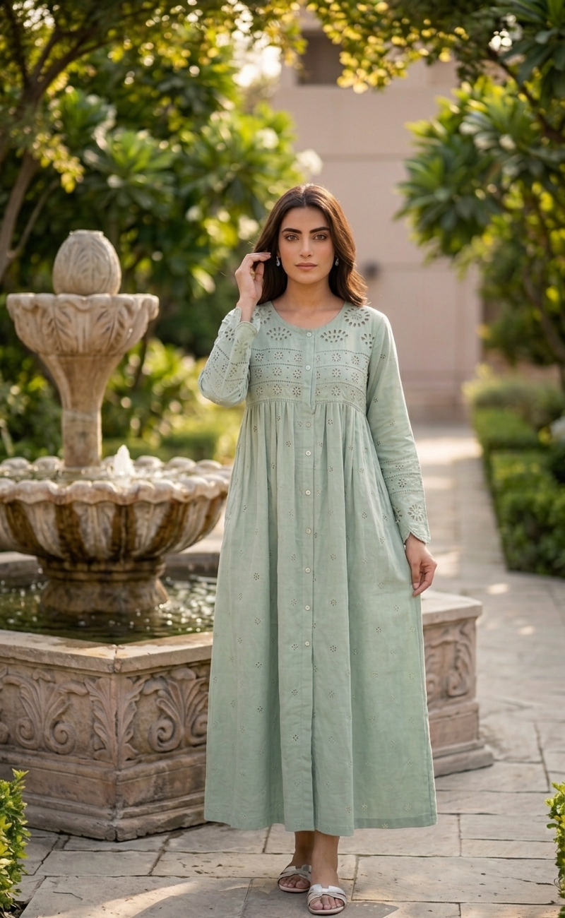 Rayshem Studio – Sage Chanderi Schiffli Maxi