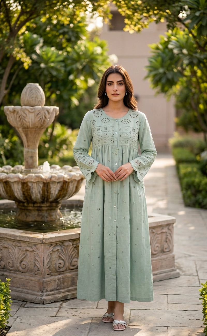 Rayshem Studio – Sage Chanderi Schiffli Maxi