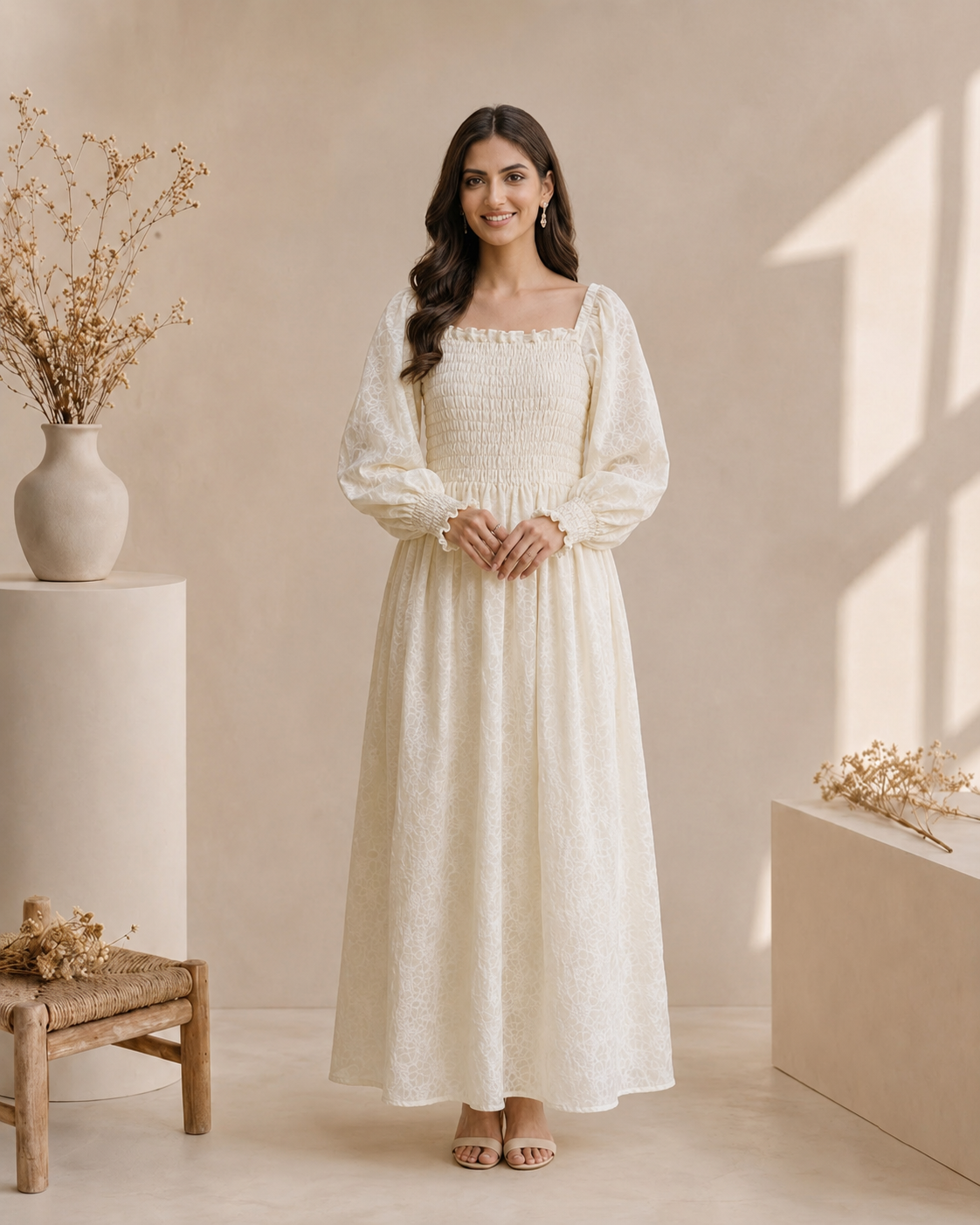 Rayshem Studio – Ivory Smocked Chantilly Maxi