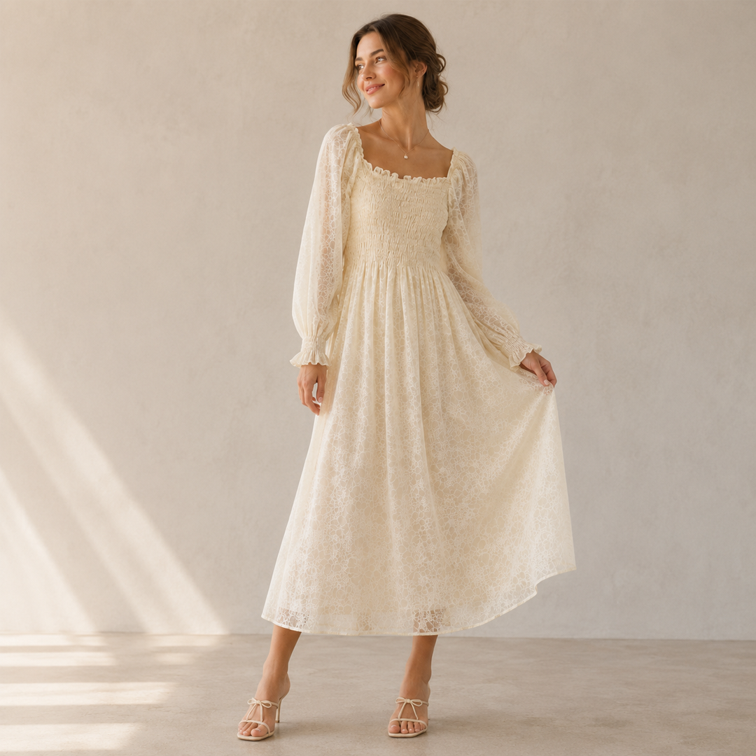 Rayshem Studio – Ivory Smocked Chantilly Maxi