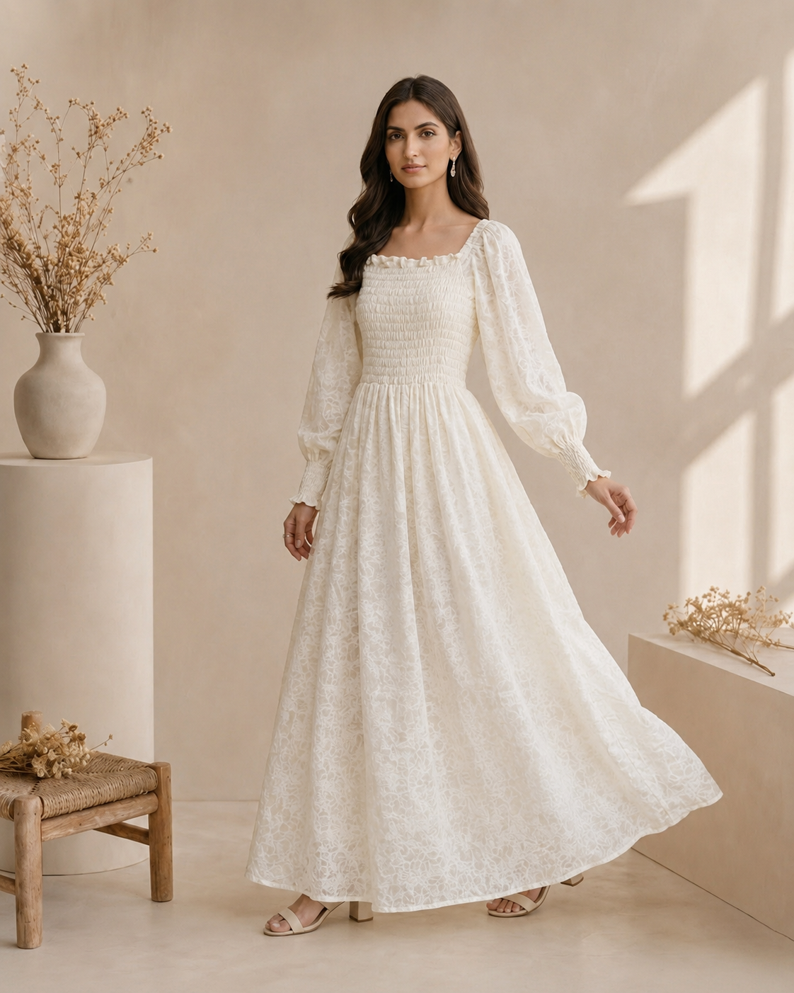 Rayshem Studio – Ivory Smocked Chantilly Maxi