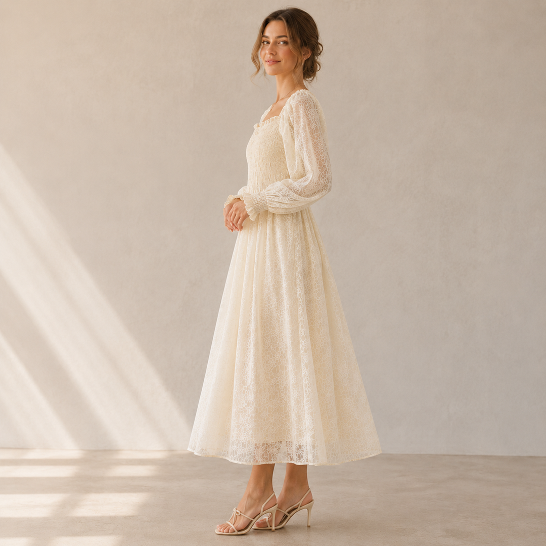 Rayshem Studio – Ivory Smocked Chantilly Maxi