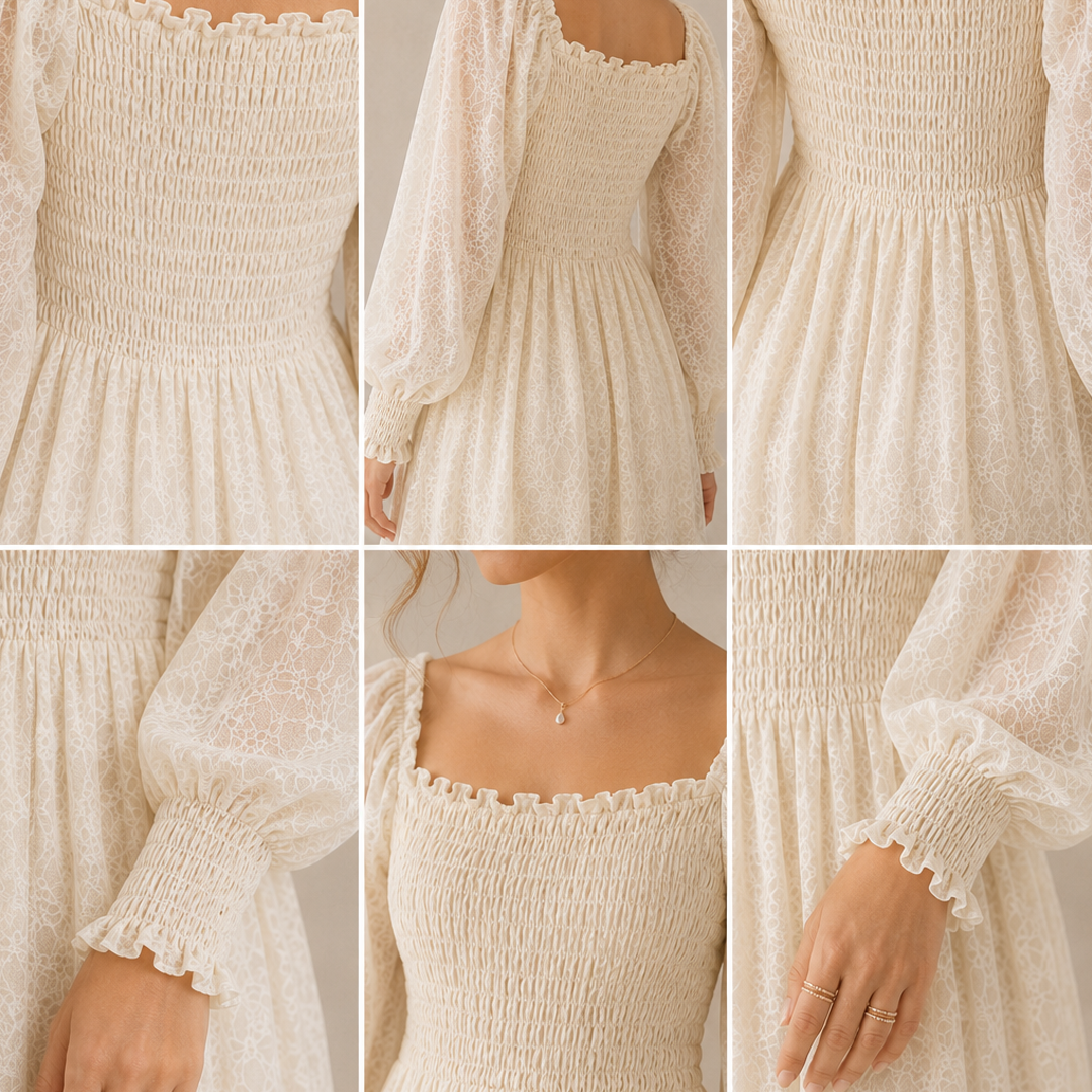 Rayshem Studio – Ivory Smocked Chantilly Maxi