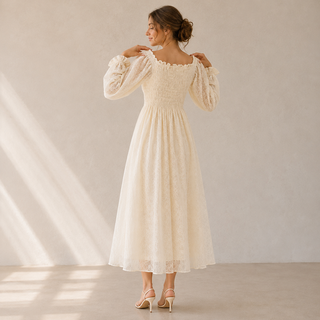 Rayshem Studio – Ivory Smocked Chantilly Maxi