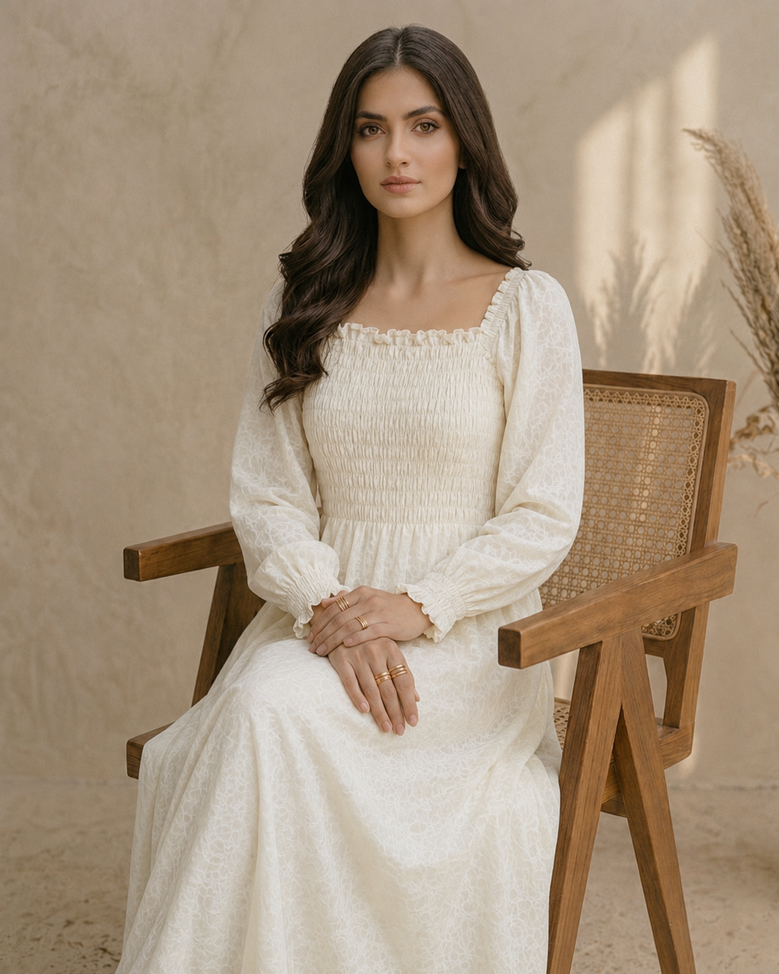Rayshem Studio – Ivory Smocked Chantilly Maxi