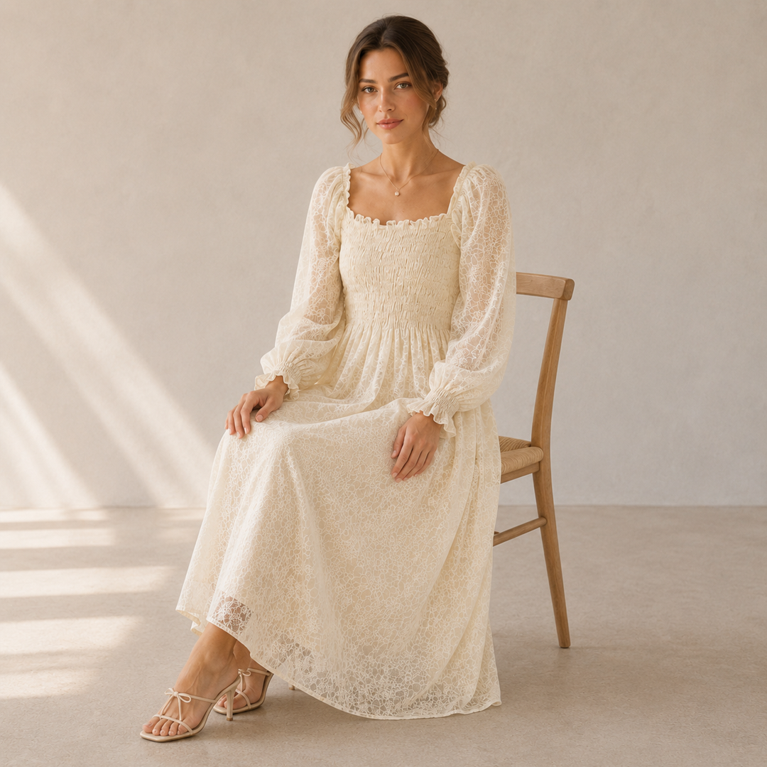 Rayshem Studio – Ivory Smocked Chantilly Maxi
