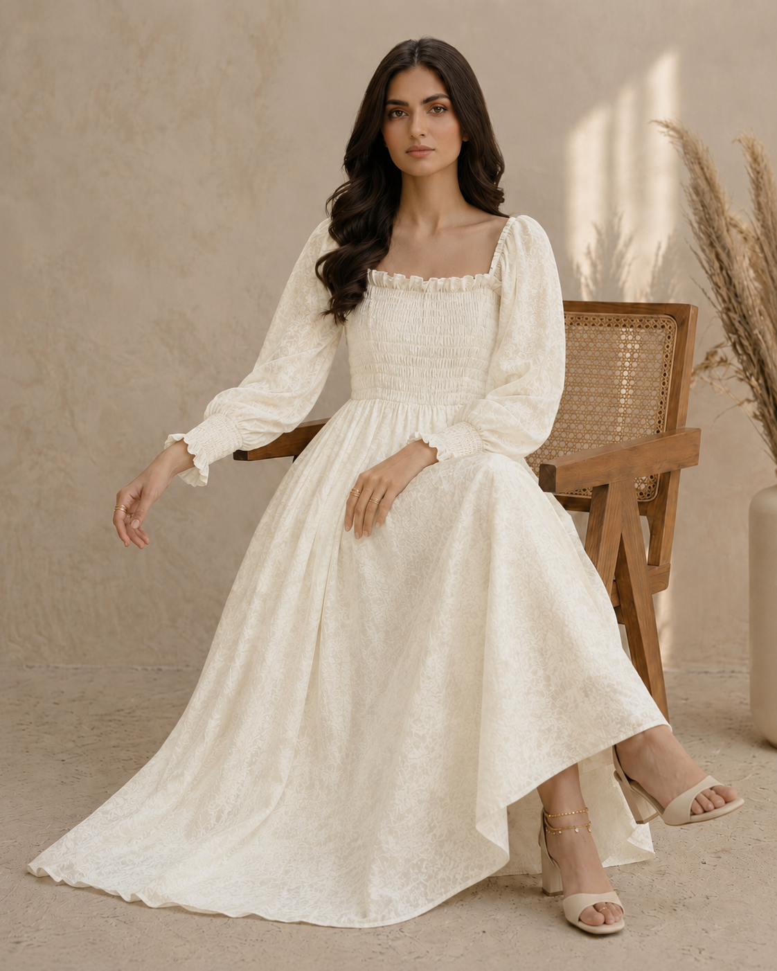 Rayshem Studio – Ivory Smocked Chantilly Maxi