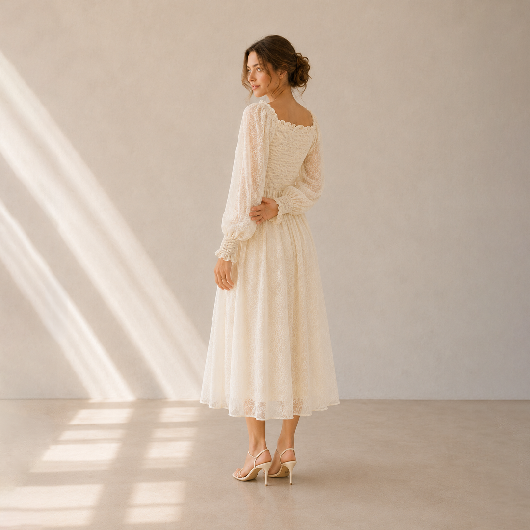 Rayshem Studio – Ivory Smocked Chantilly Maxi