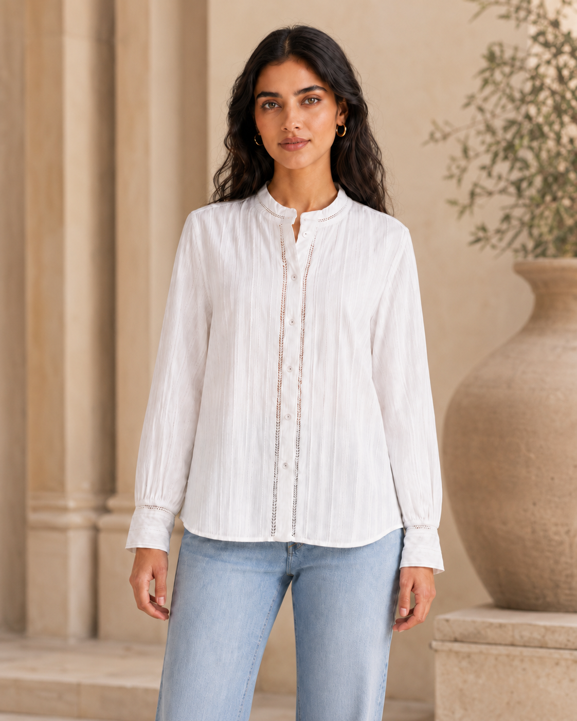 Rayshem Studio – Ivory Ladder-Lace Mandarin Shirt