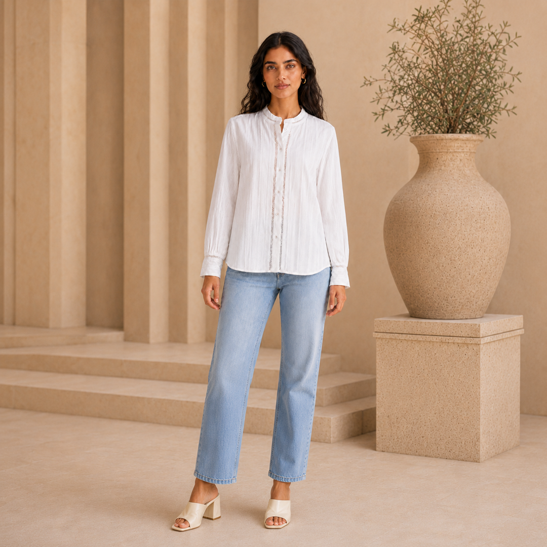 Rayshem Studio – Ivory Ladder-Lace Mandarin Shirt