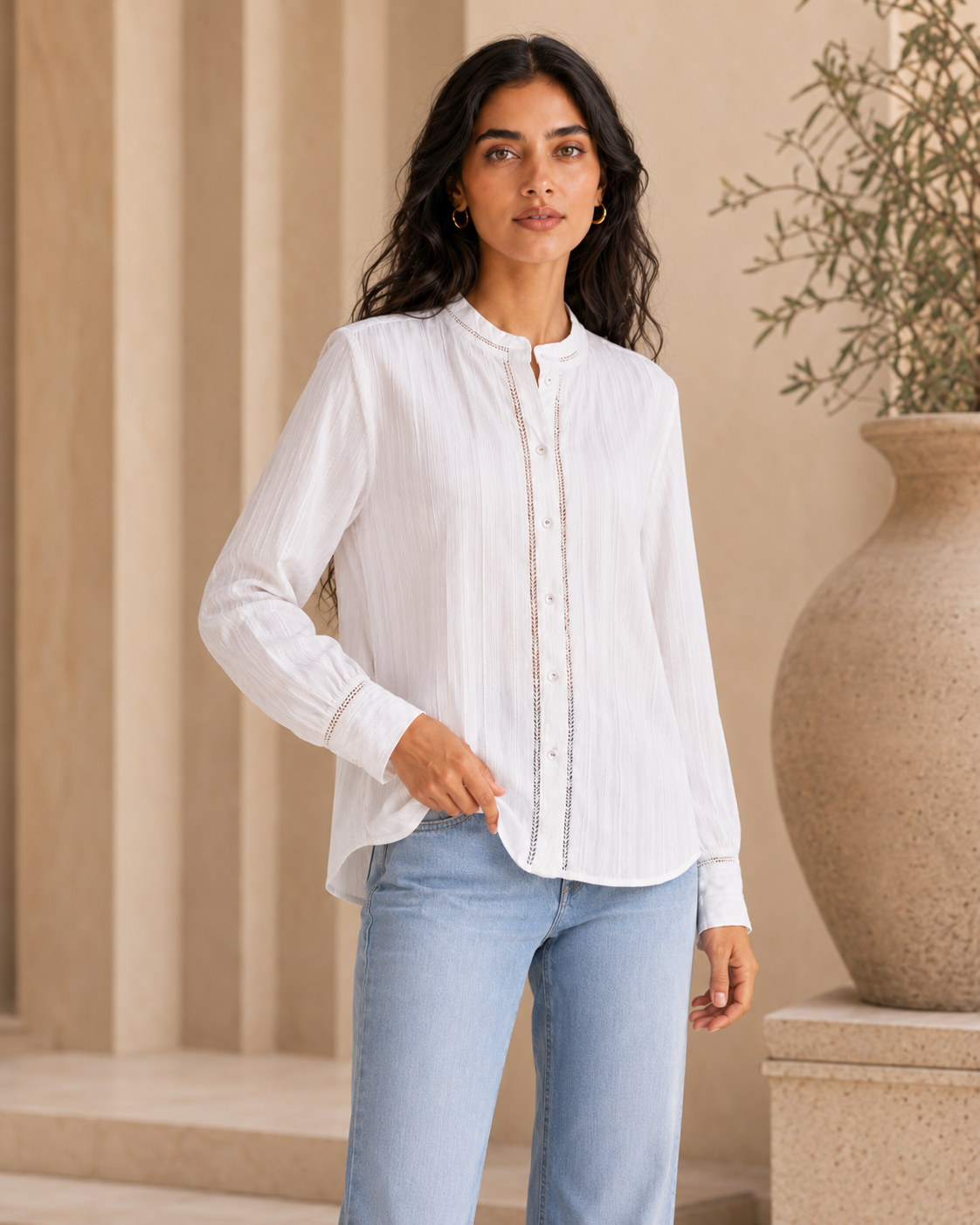 Rayshem Studio – Ivory Ladder-Lace Mandarin Shirt
