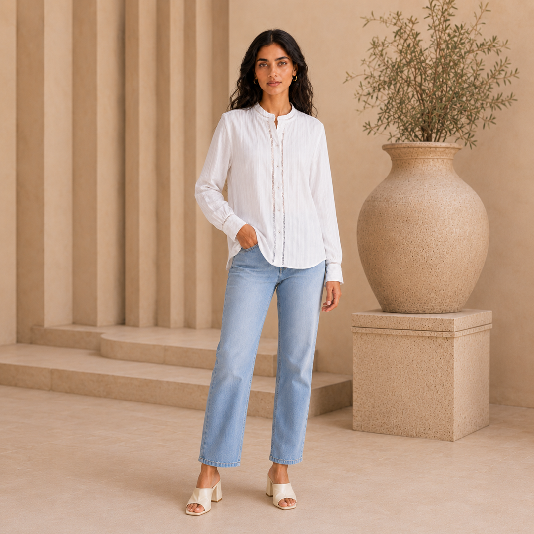 Rayshem Studio – Ivory Ladder-Lace Mandarin Shirt