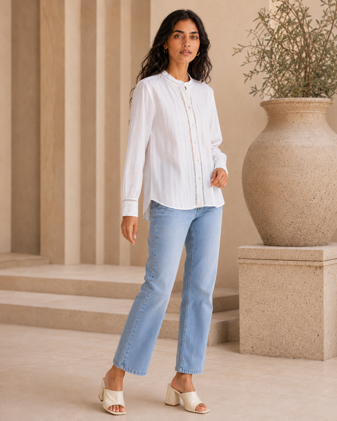 Rayshem Studio – Ivory Ladder-Lace Mandarin Shirt