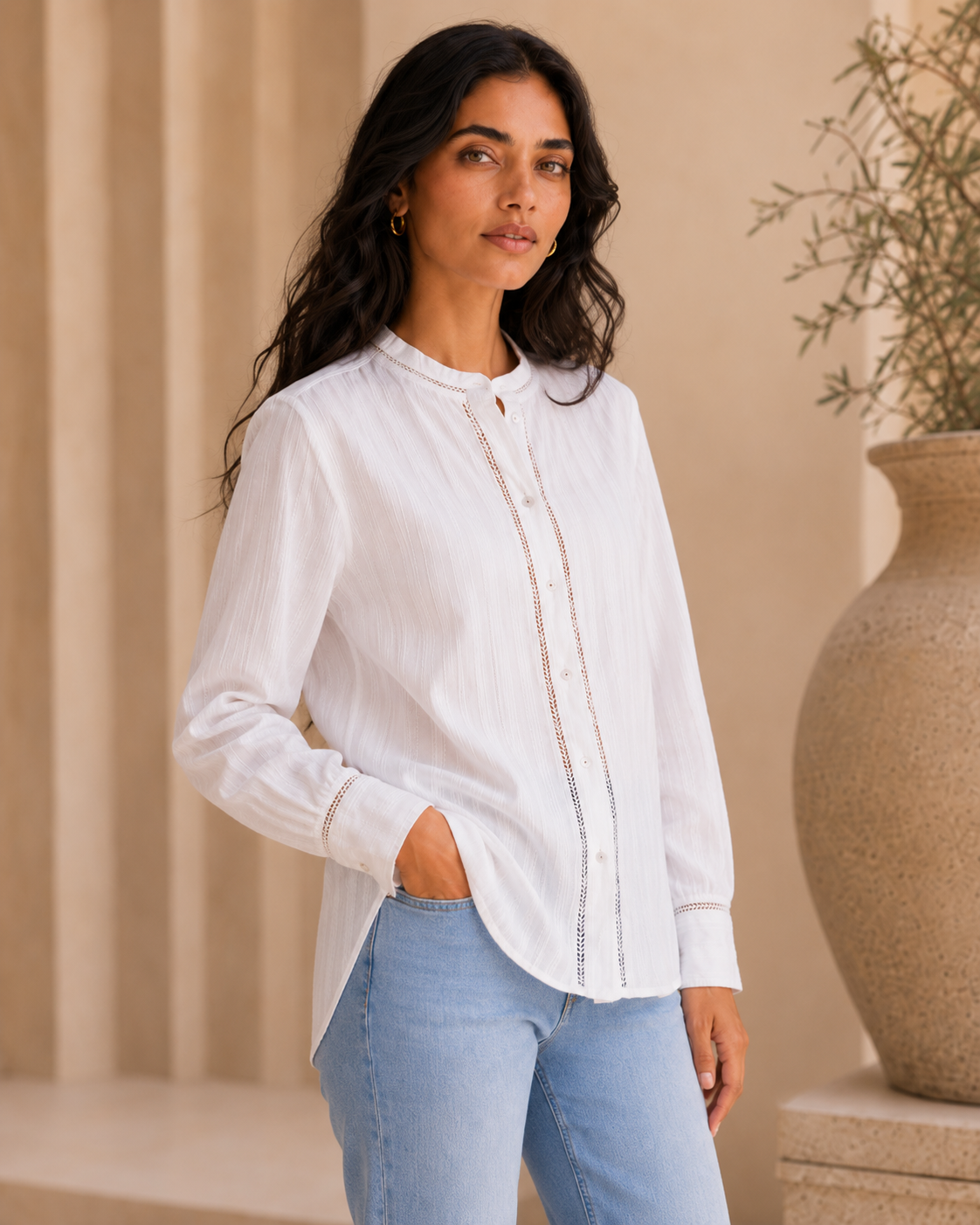 Rayshem Studio – Ivory Ladder-Lace Mandarin Shirt