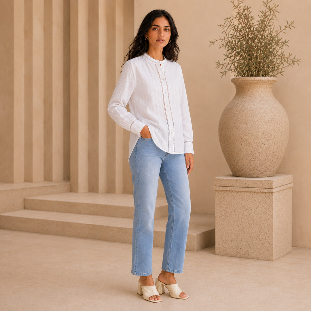 Rayshem Studio – Ivory Ladder-Lace Mandarin Shirt