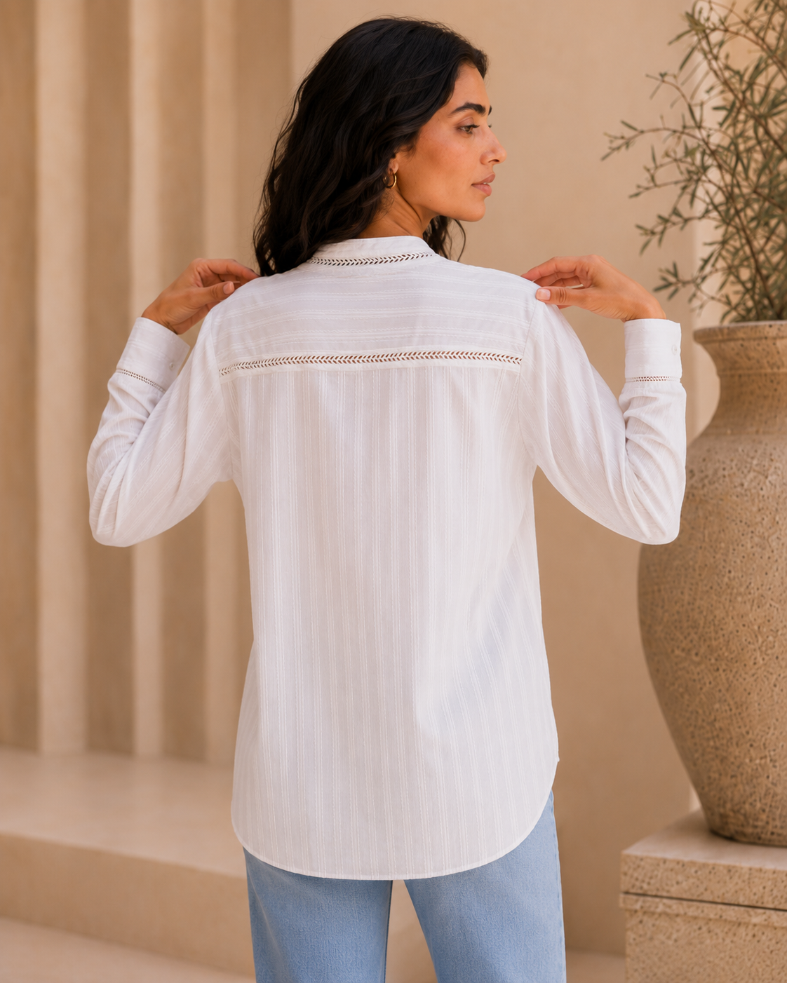 Rayshem Studio – Ivory Ladder-Lace Mandarin Shirt