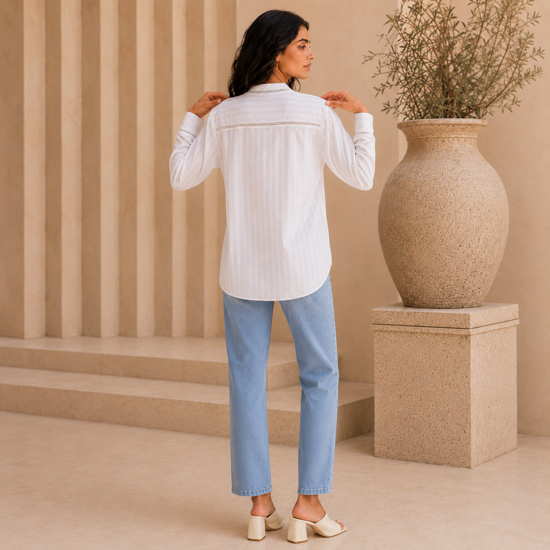 Rayshem Studio – Ivory Ladder-Lace Mandarin Shirt